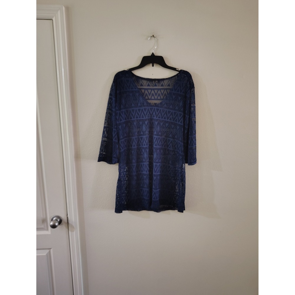 Portocruz Womens‎ Navy Blue Crochet Knit Swim Cover Up Dress V-Neck Tunic Large